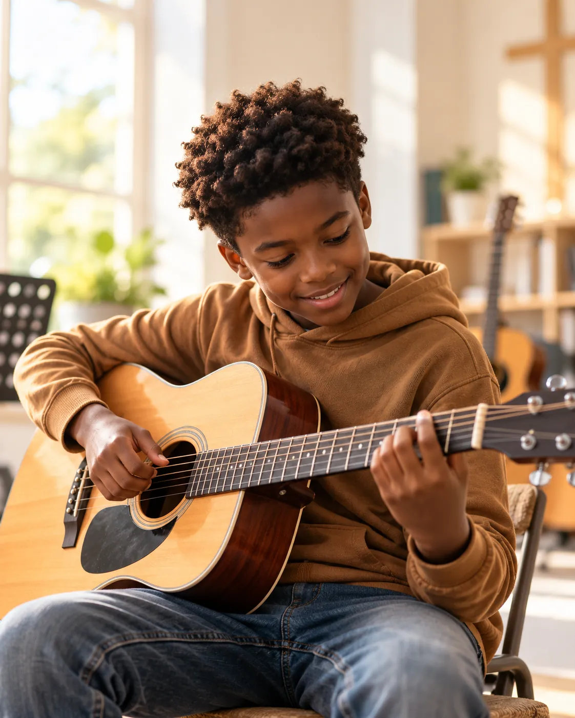 Smiling boy learning to play acoustic guitar in a sunlit room