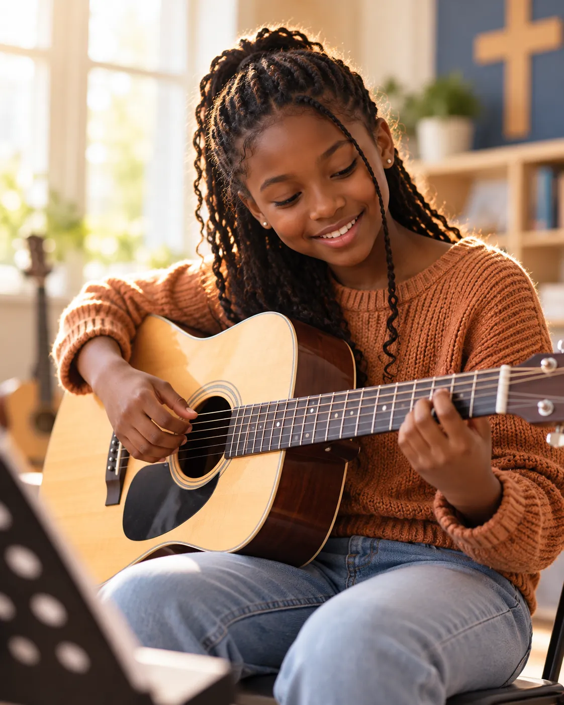 Young girl practicing acoustic guitar beside a music stand