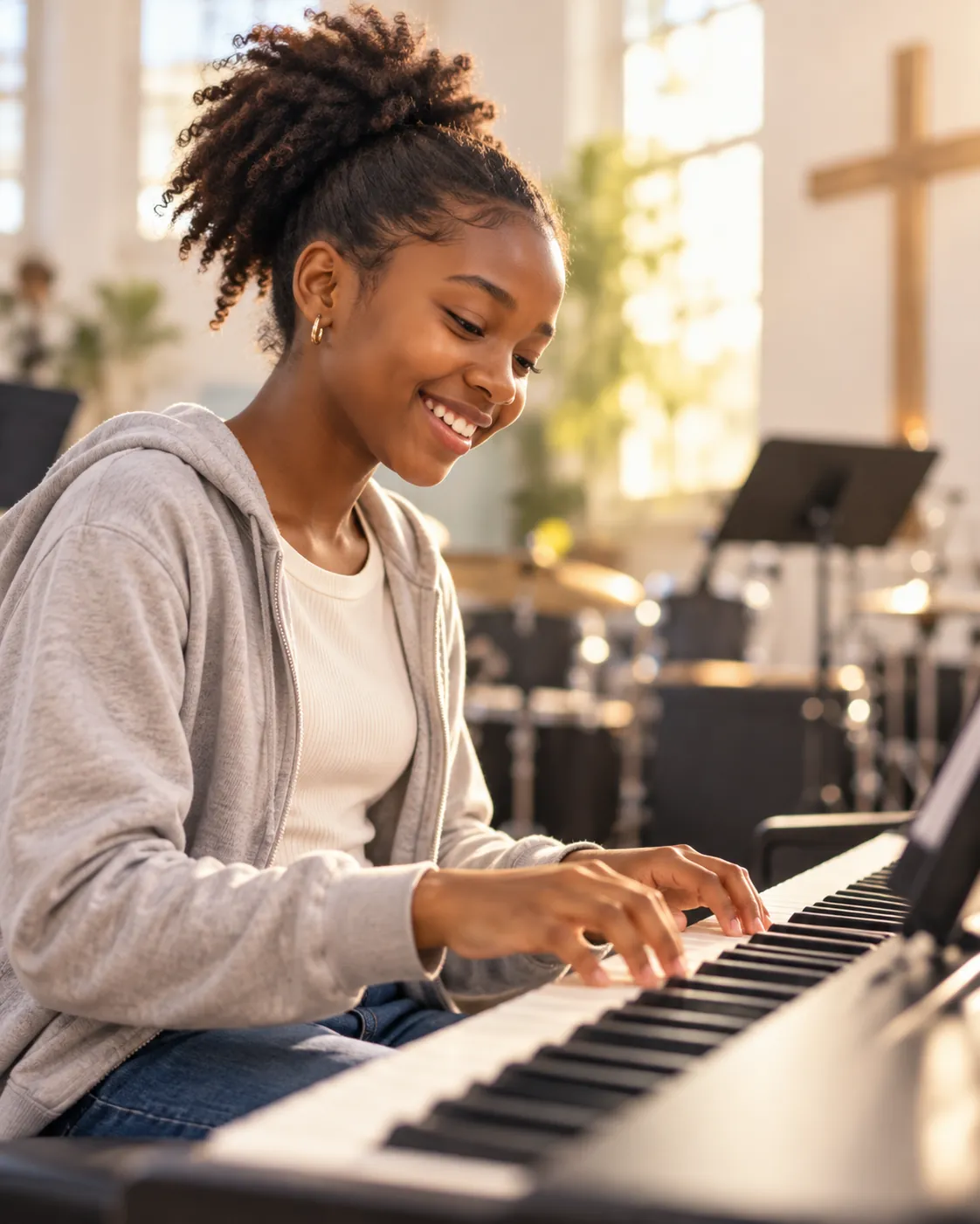 Young pianist smiling while playing a keyboard in a bright classroom