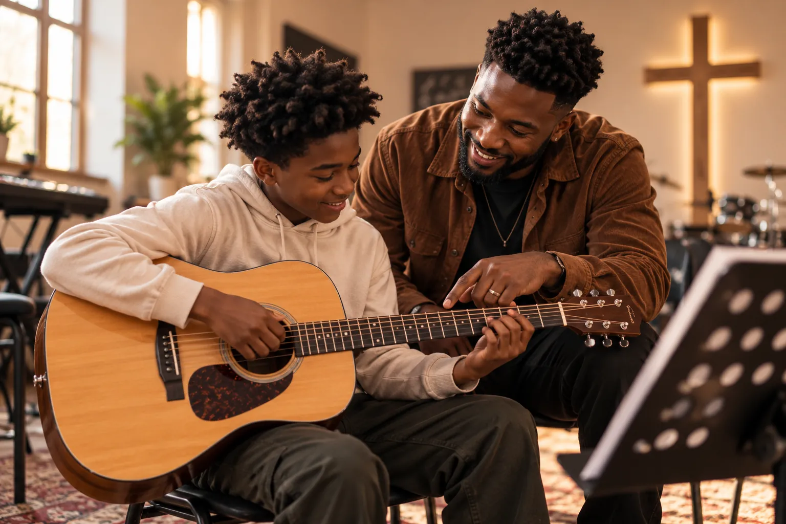 Guitar instructor guiding a young student through a chord